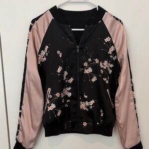 Reversible Cherry Blossom Satin Bomber Jacket
